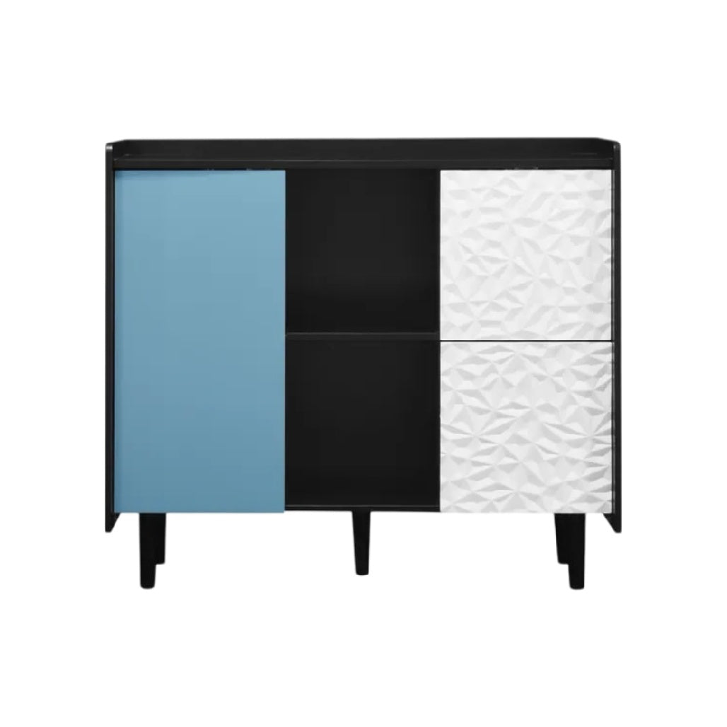 **Titre technique : Meuble de rangement design avec portes en couleurs contrastées**