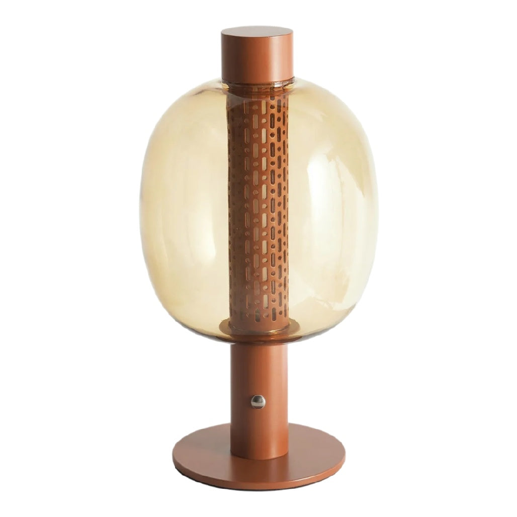 **Lampe en verre soufflé avec base en métal, design moderne et épuré**